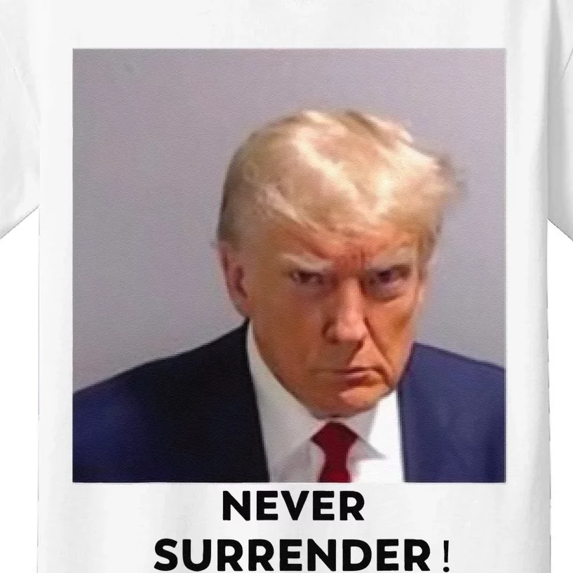 Trump Never Surrender Mug Shot Kids T-Shirt