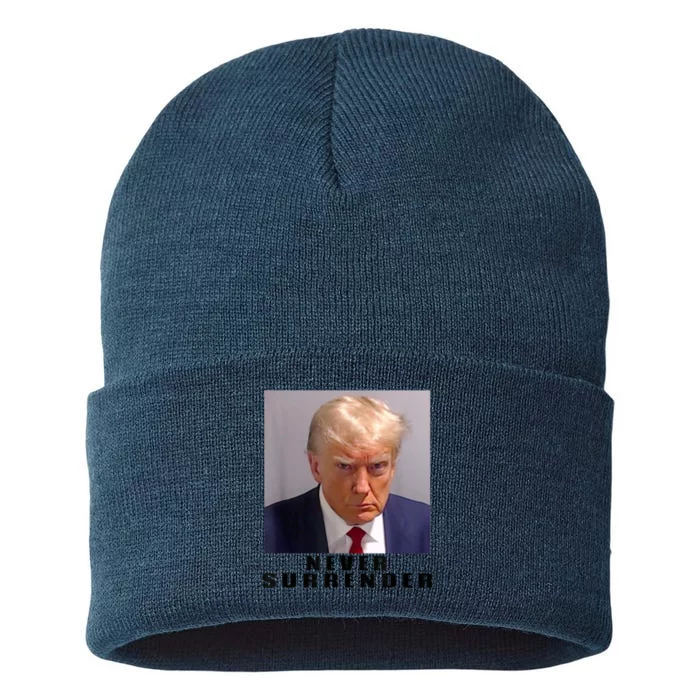 Trump never surrender Donald Trump Mugshot 2024 Sustainable Knit Beanie