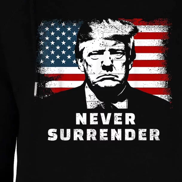 Trump Never Surrender Trump Mug Shot Womens Funnel Neck Pullover Hood