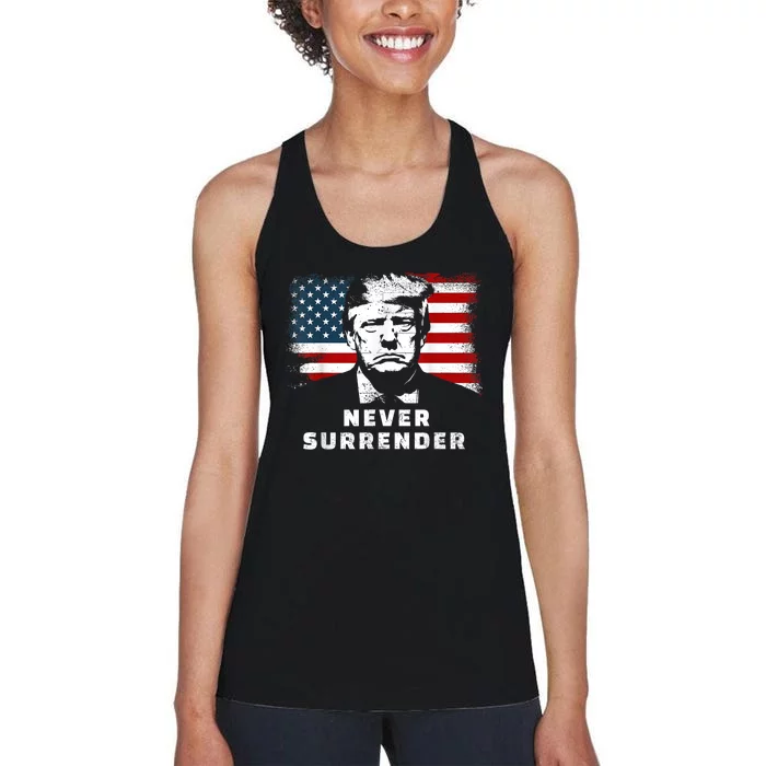 Trump Never Surrender Trump Mug Shot Women's Racerback Tank