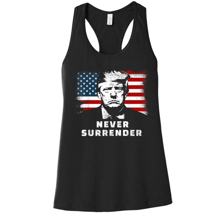 Trump Never Surrender Trump Mug Shot Women's Racerback Tank