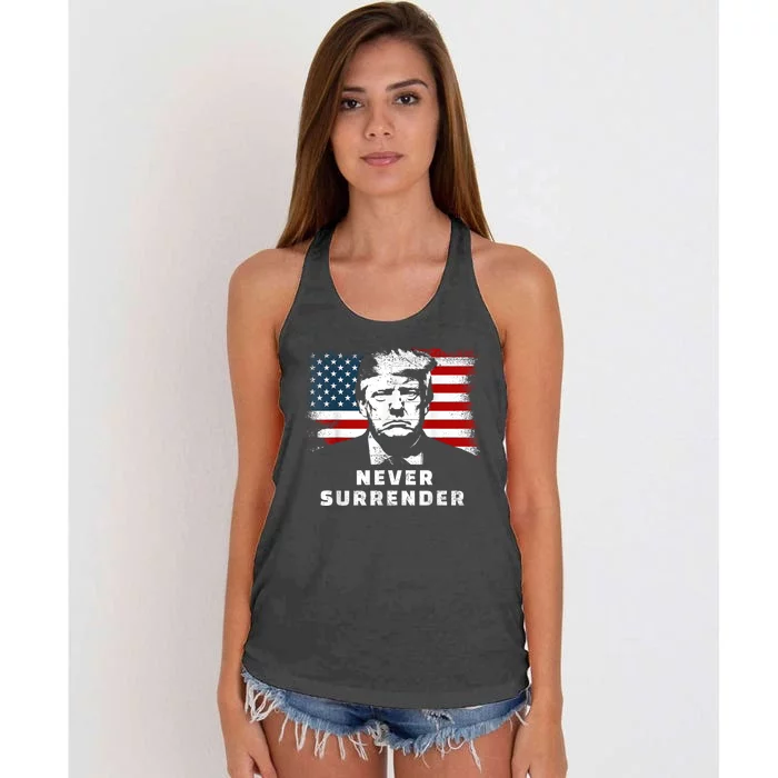 Trump Never Surrender Trump Mug Shot Women's Knotted Racerback Tank