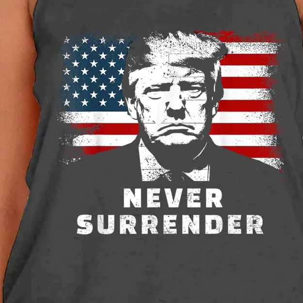 Trump Never Surrender Trump Mug Shot Women's Knotted Racerback Tank