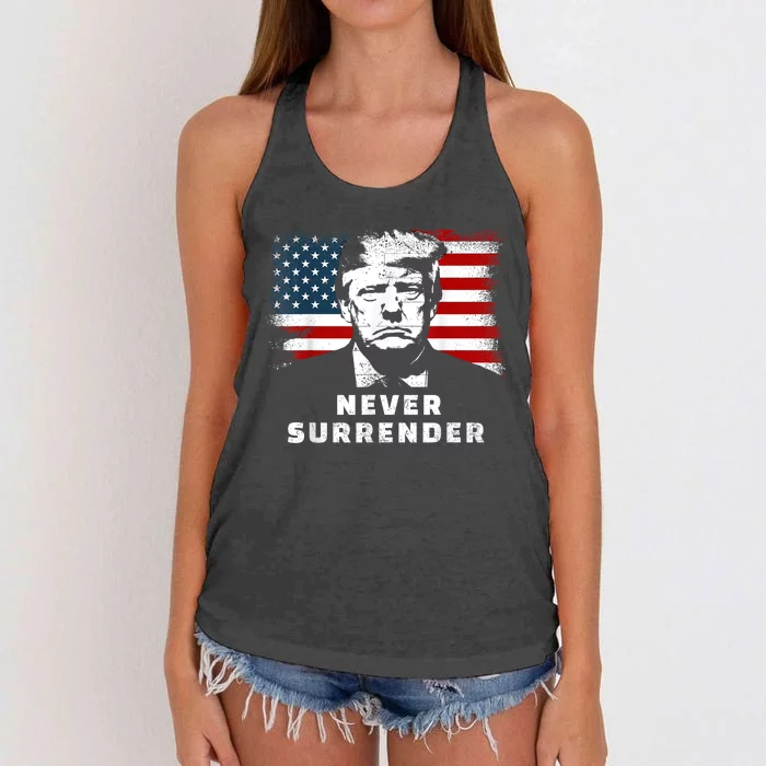 Trump Never Surrender Trump Mug Shot Women's Knotted Racerback Tank