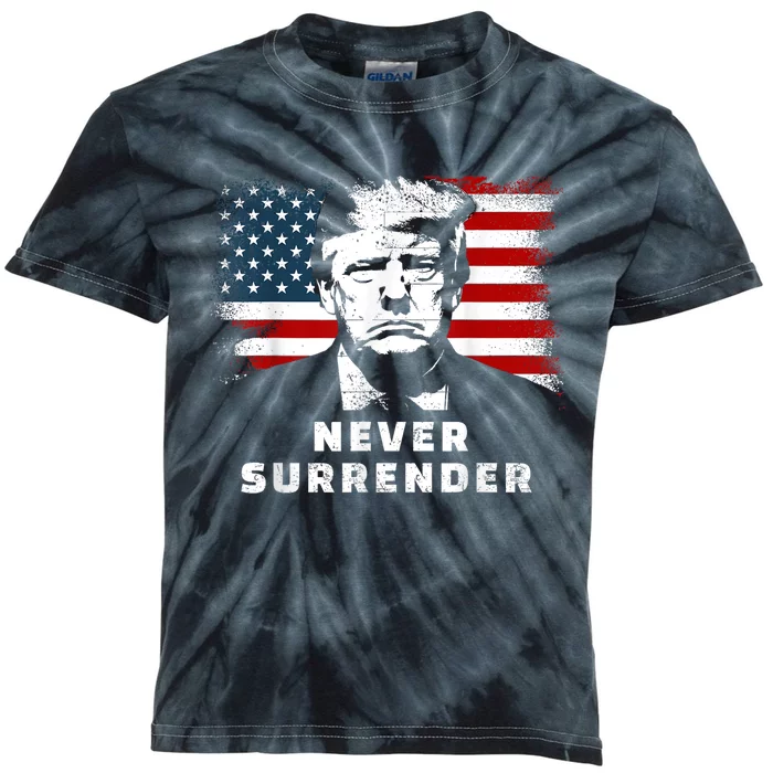 Trump Never Surrender Trump Mug Shot Kids Tie-Dye T-Shirt