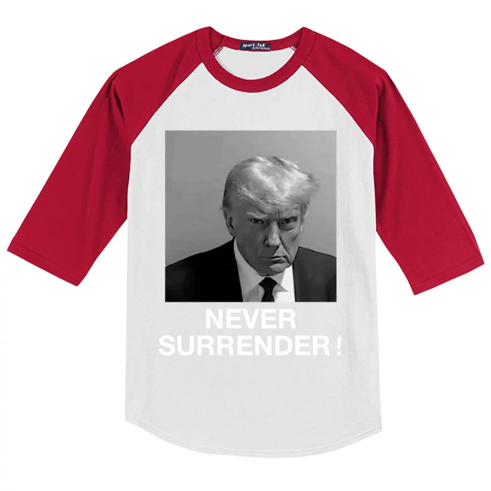 Trump never surrender Donald Trump Mugshot 2024 Kids Colorblock Raglan Jersey