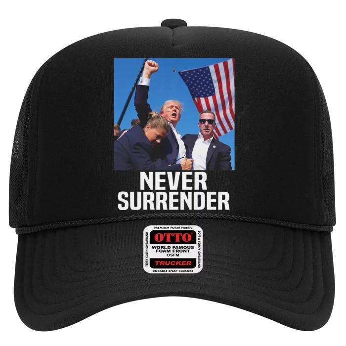 Trump Never Surrender 2024 Resilient Leadership High Crown Mesh Trucker Hat