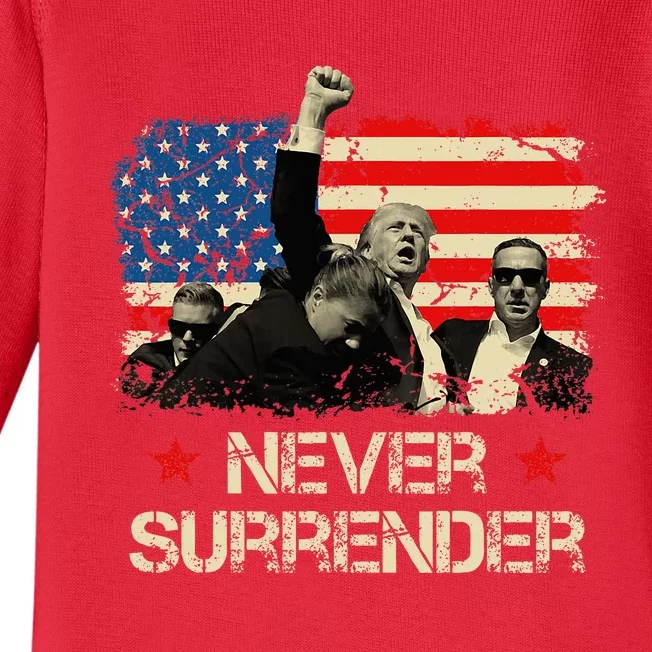 Trump Never Surrender American Flag Pennsylvania Trump Rally Baby Long Sleeve Bodysuit