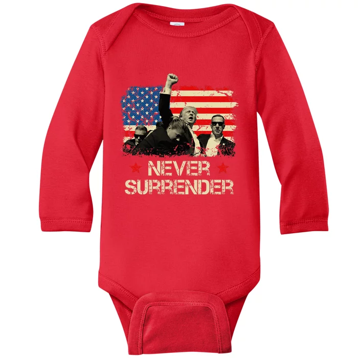 Trump Never Surrender American Flag Pennsylvania Trump Rally Baby Long Sleeve Bodysuit