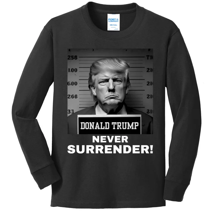 Trump Never Surrender 2024 Mugshot Kids Long Sleeve Shirt