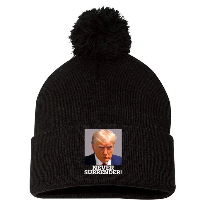 Trump Never Surrender Donald Trump Mugshot Trump 2024 Pom Pom 12in Knit Beanie