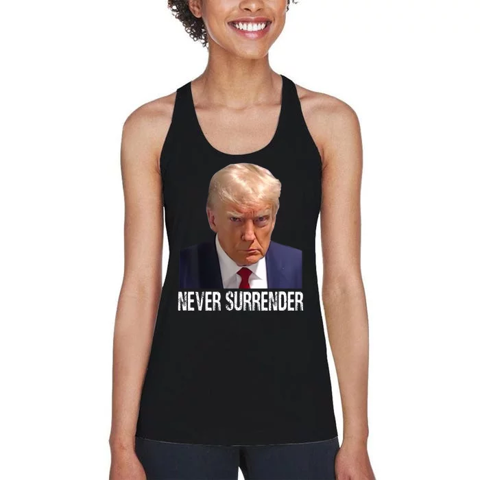 Trump Never Surrender Mug Shot Free Trump Women's Racerback Tank