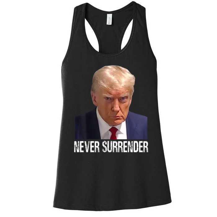 Trump Never Surrender Mug Shot Free Trump Women's Racerback Tank