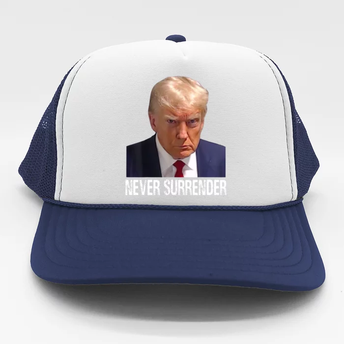 Trump Never Surrender Mug Shot Free Trump Trucker Hat