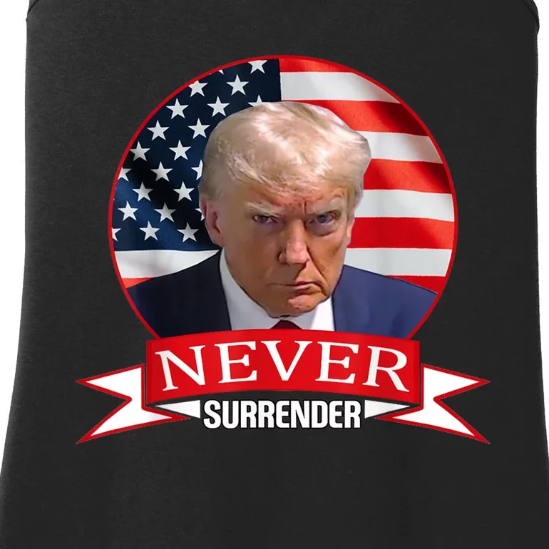 Trump Never Surrender Mug Shot Ladies Essential Tank