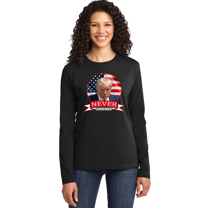 Trump Never Surrender Mug Shot Ladies Long Sleeve Shirt