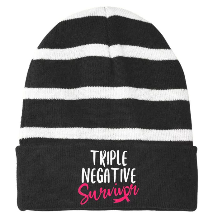 Triple Negative Survivor Pink Ribbon Breast Cancer Awareness Striped Beanie with Solid Band