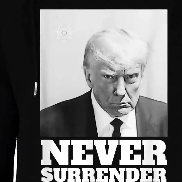 Trump Never Surrender Mug Shot Womens Funnel Neck Pullover Hood