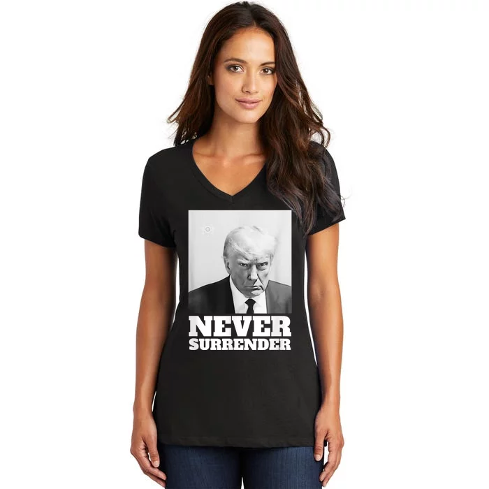 Trump Never Surrender Mug Shot Women's V-Neck T-Shirt