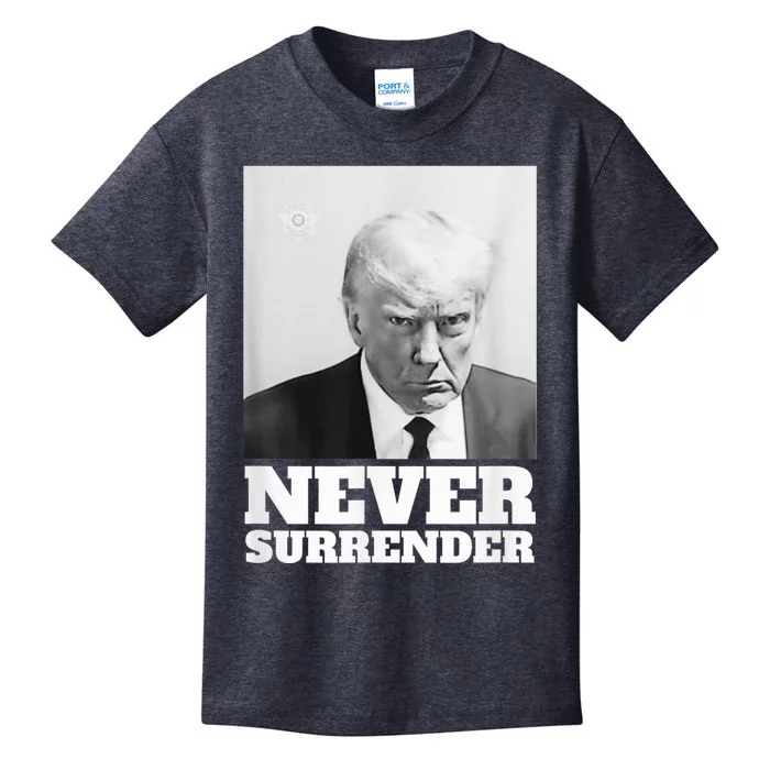 Trump Never Surrender Mug Shot Kids T-Shirt