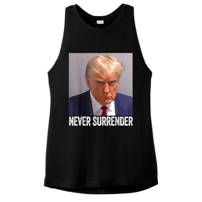 TRUMP NEVER SURRENDER Trump Mug Shot Ladies Tri-Blend Wicking Tank