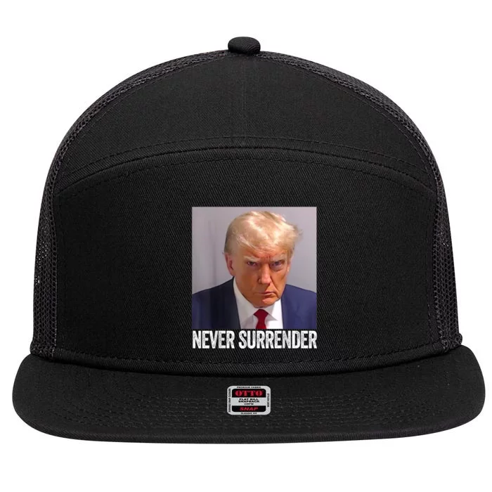 TRUMP NEVER SURRENDER Trump Mug Shot 7 Panel Mesh Trucker Snapback Hat