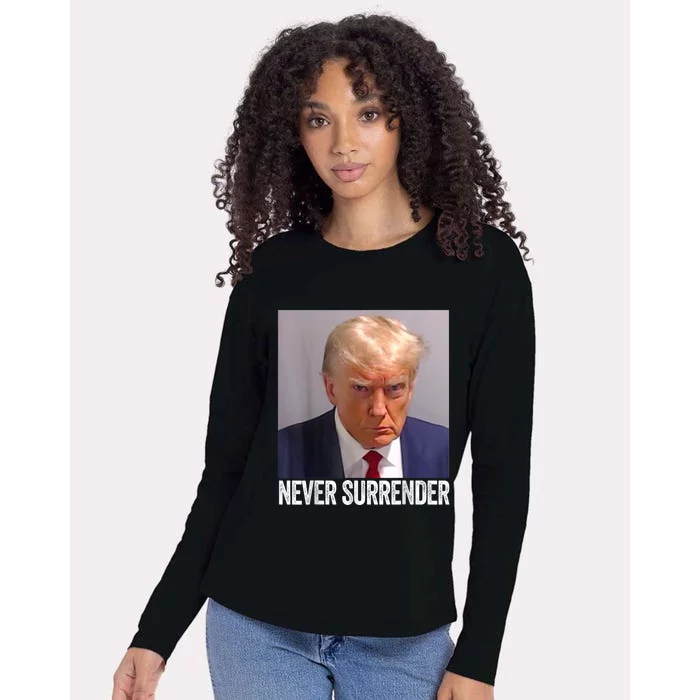 TRUMP NEVER SURRENDER Trump Mug Shot Womens Cotton Relaxed Long Sleeve T-Shirt