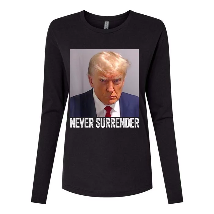 TRUMP NEVER SURRENDER Trump Mug Shot Womens Cotton Relaxed Long Sleeve T-Shirt