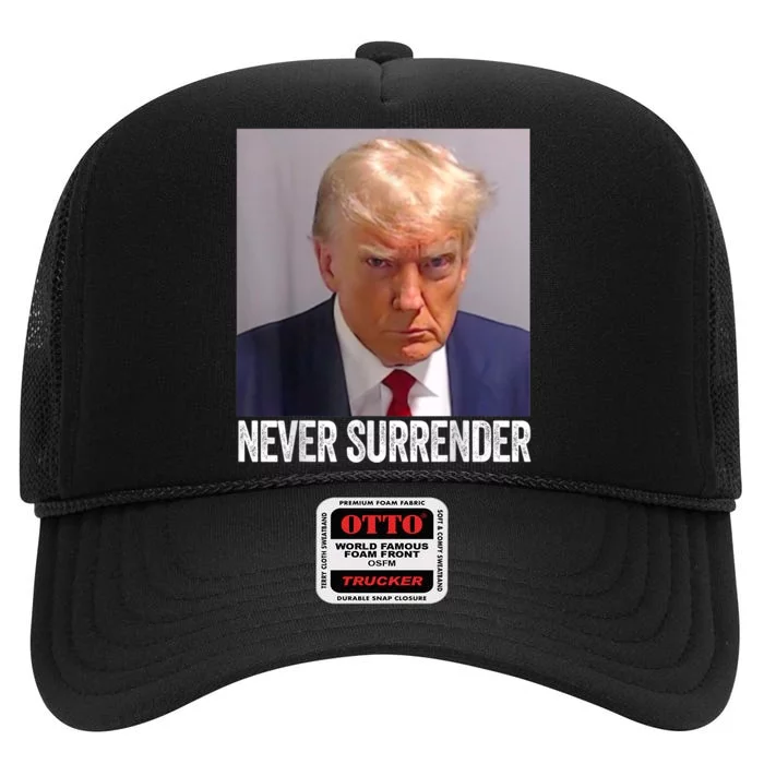 TRUMP NEVER SURRENDER Trump Mug Shot High Crown Mesh Trucker Hat