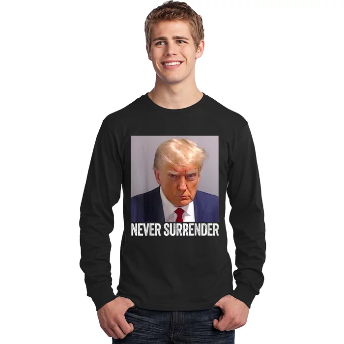 TRUMP NEVER SURRENDER Trump Mug Shot Long Sleeve Shirt