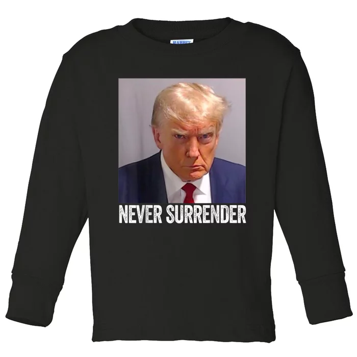 TRUMP NEVER SURRENDER Trump Mug Shot Toddler Long Sleeve Shirt