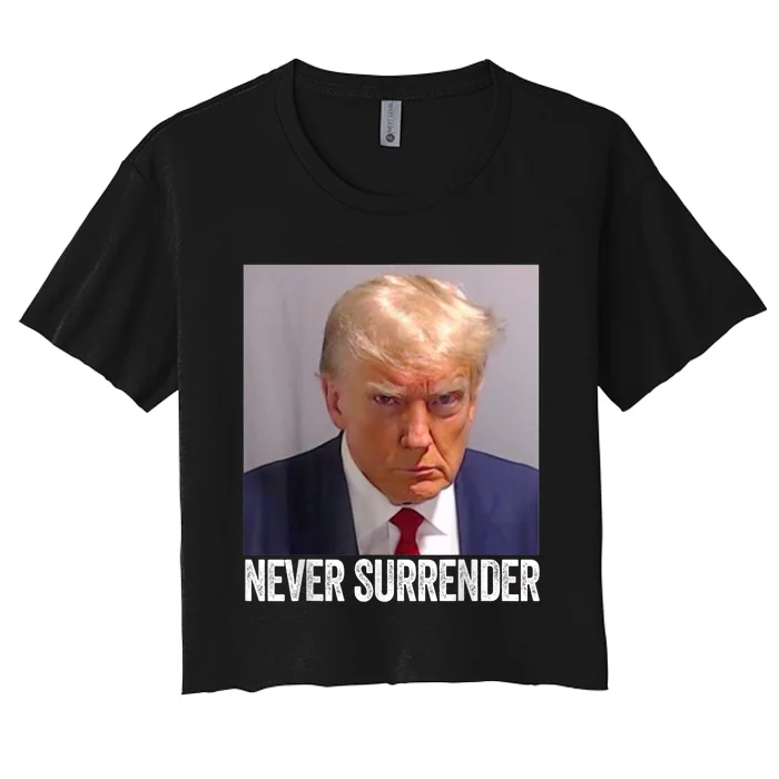 TRUMP NEVER SURRENDER Trump Mug Shot Women's Crop Top Tee