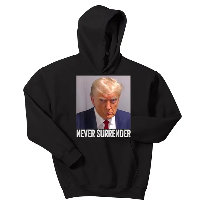 TRUMP NEVER SURRENDER Trump Mug Shot Kids Hoodie