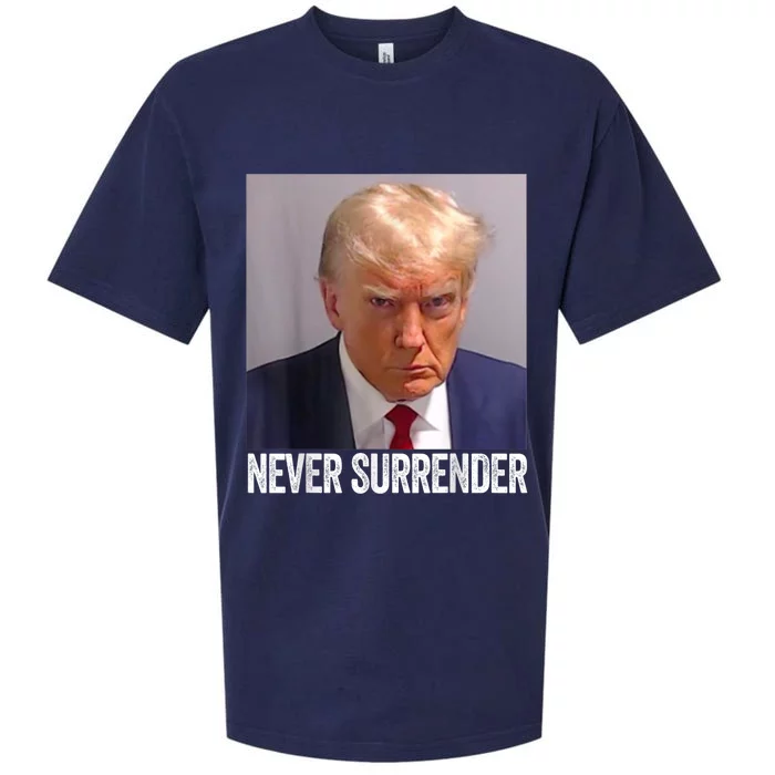 TRUMP NEVER SURRENDER Trump Mug Shot Sueded Cloud Jersey T-Shirt