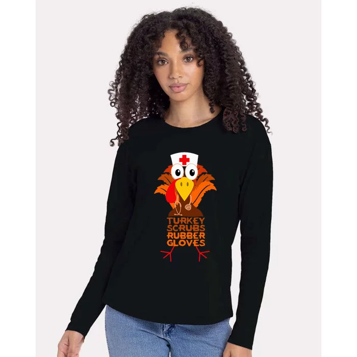 Thanksgiving Nurse Turkey Scrubs Rubber Gloves Womens Cotton Relaxed Long Sleeve T-Shirt