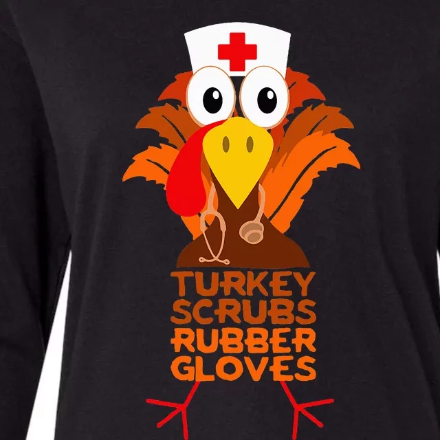 Thanksgiving Nurse Turkey Scrubs Rubber Gloves Womens Cotton Relaxed Long Sleeve T-Shirt