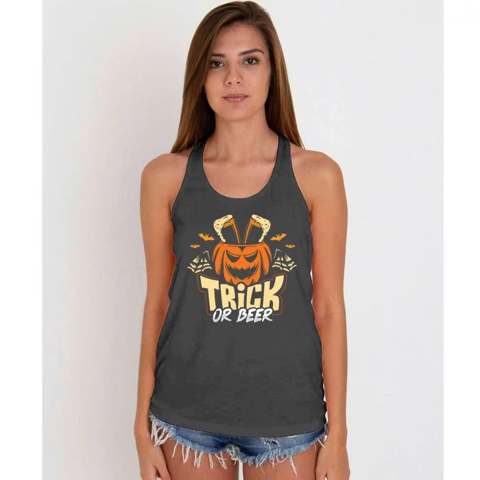 Trick Or Beer Funny Drinking Halloween Sweatshirt Women's Knotted Racerback Tank