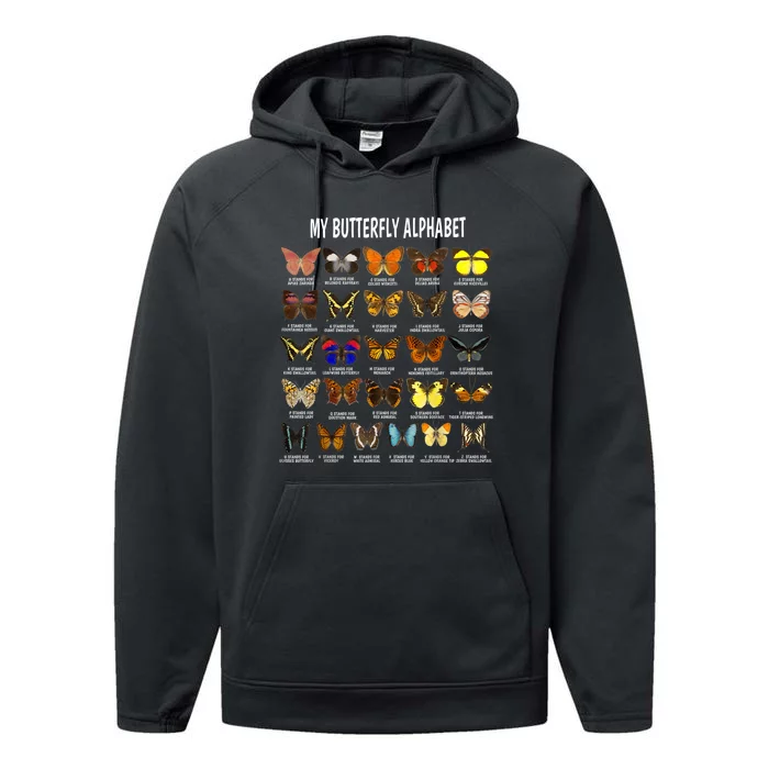 Types Of Butterflies Alphabet Abc Butterfly Identification Performance Fleece Hoodie