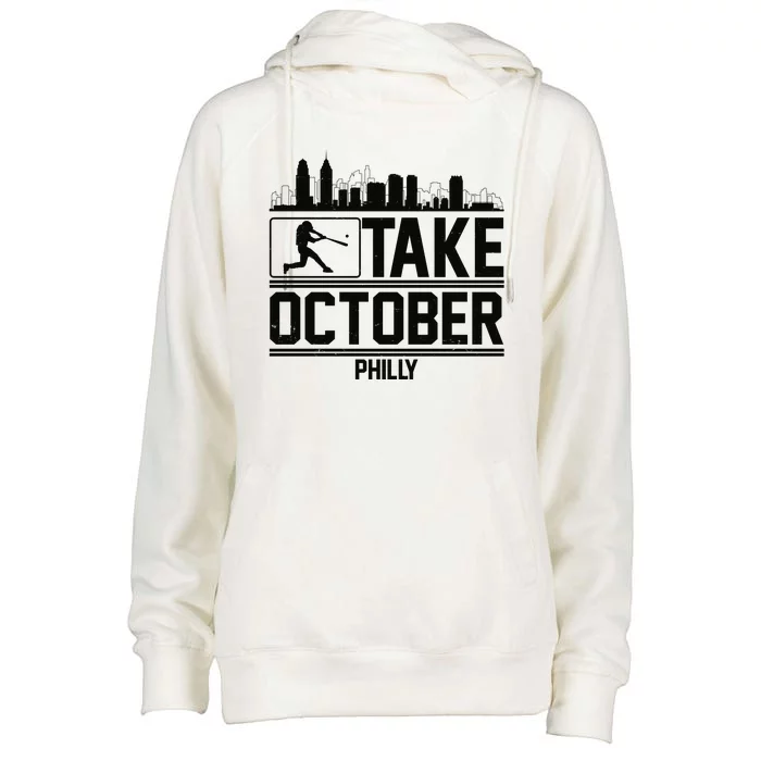 Take October Baseball Fan Philadelphia Skyline Womens Funnel Neck Pullover Hood