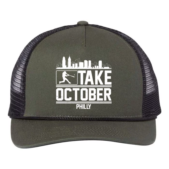 Take October Baseball Fan Philadelphia Skyline Retro Rope Trucker Hat Cap