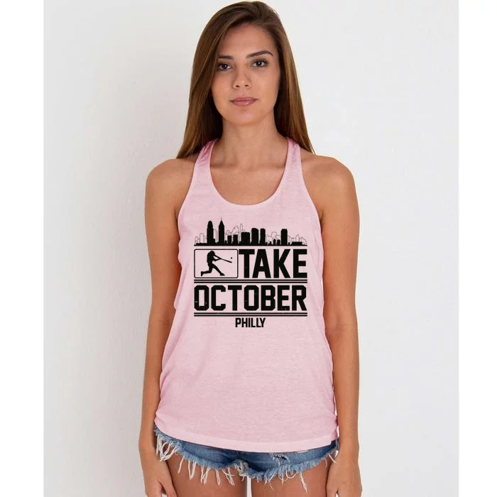 Take October Baseball Fan Philadelphia Skyline Women's Knotted Racerback Tank