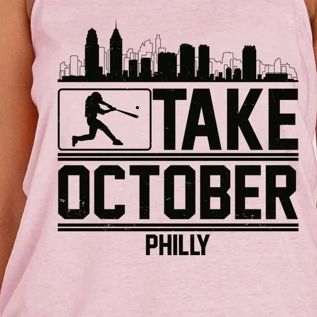 Take October Baseball Fan Philadelphia Skyline Women's Knotted Racerback Tank