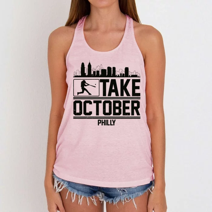 Take October Baseball Fan Philadelphia Skyline Women's Knotted Racerback Tank