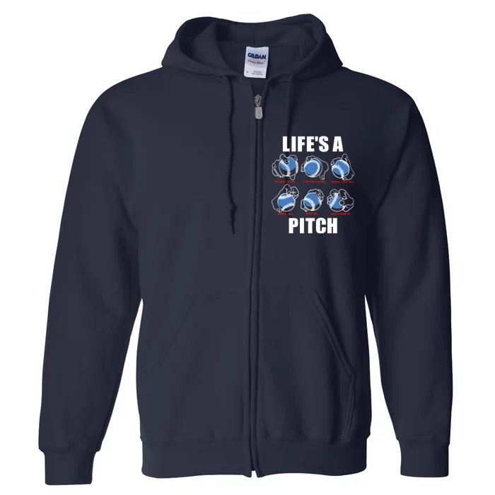 Types of Baseball Pitches Life's A Pitch Pitcher Player Gift Full Zip Hoodie