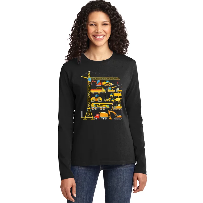 Types Of Construction Excavator Bulldozer Truck Crane Ladies Long Sleeve Shirt