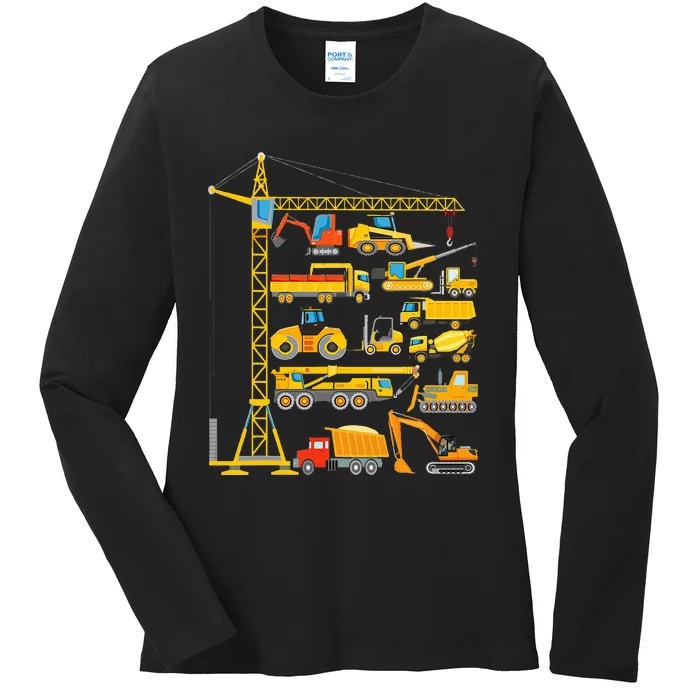 Types Of Construction Excavator Bulldozer Truck Crane Ladies Long Sleeve Shirt