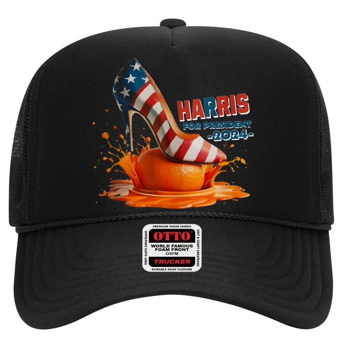 The Orange Crush Harris For President 2024 Patriotic Design High Crown Mesh Trucker Hat