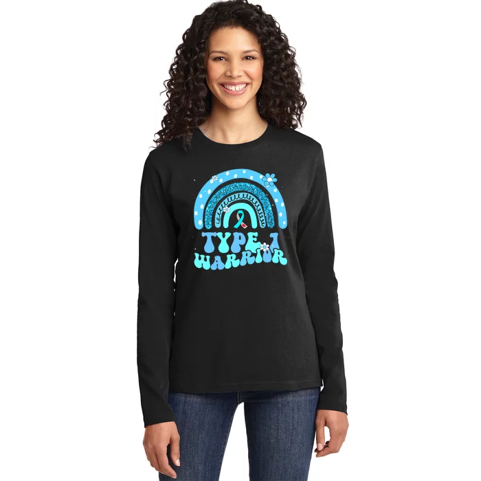 Type one diabetic T1D warrior Diabetes Awareness Blue Ribbon Ladies Long Sleeve Shirt