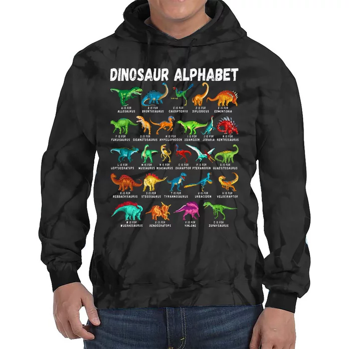 Types Of Dinosaurs Alphabet Az Abc Dino Identification Tie Dye Hoodie