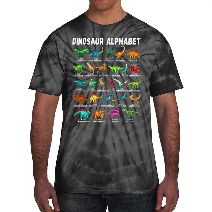 Types Of Dinosaurs Alphabet A Z ABC Dino Identification Tie-Dye T-Shirt